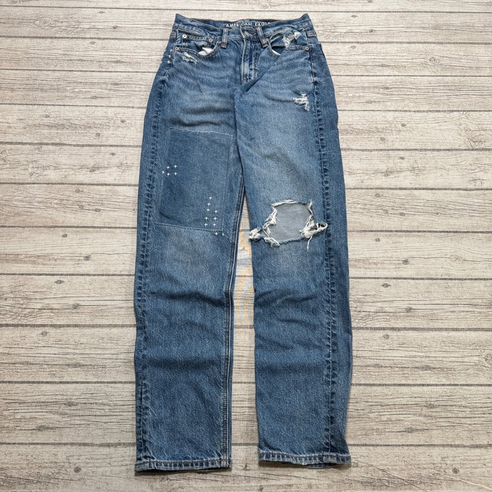 American Eagle Jeans Womens 00 Blue Strigid Denim Straight Leg Distressed Skater